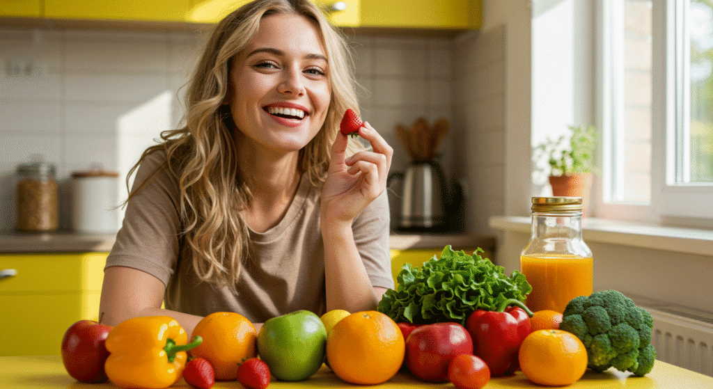 Woman Eating Fruits and Vegetables