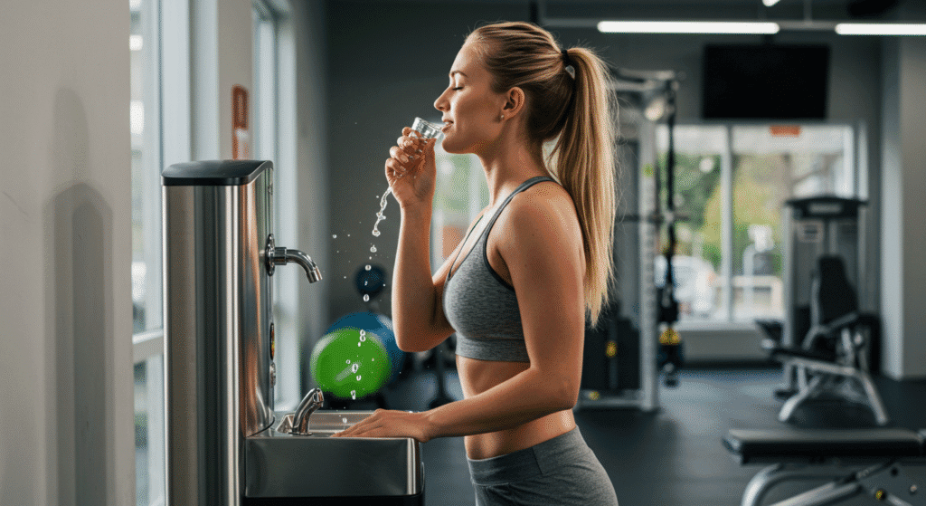 Woman Drinking Water from a Water Fountain at a Gym