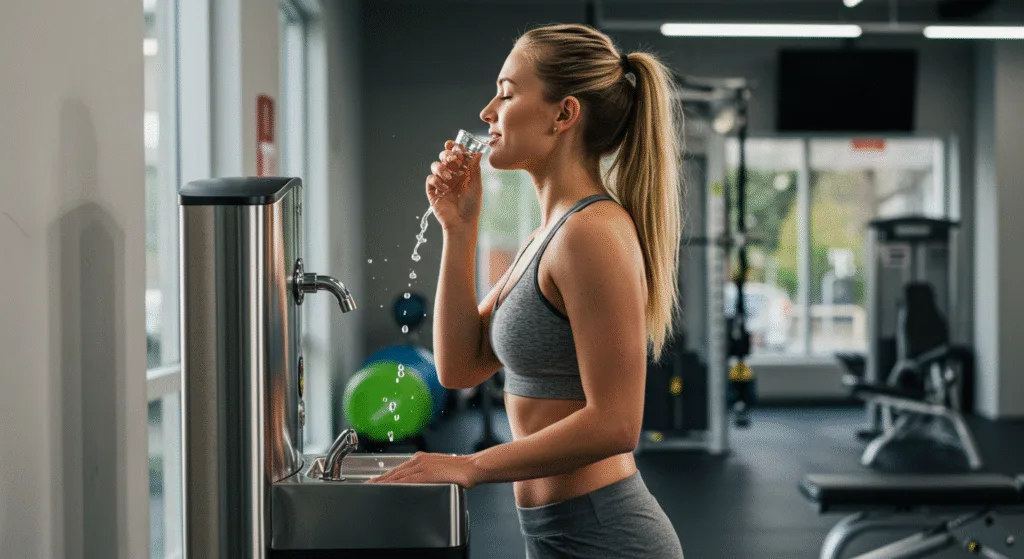 Woman Drinking Water from a Water Fountain at a Gym
