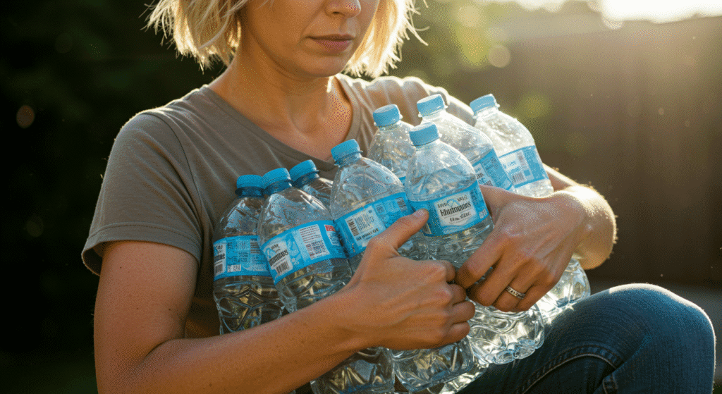 Woman with 10 Bottles of Water