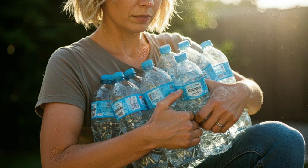 Woman with 10 Bottles of Water