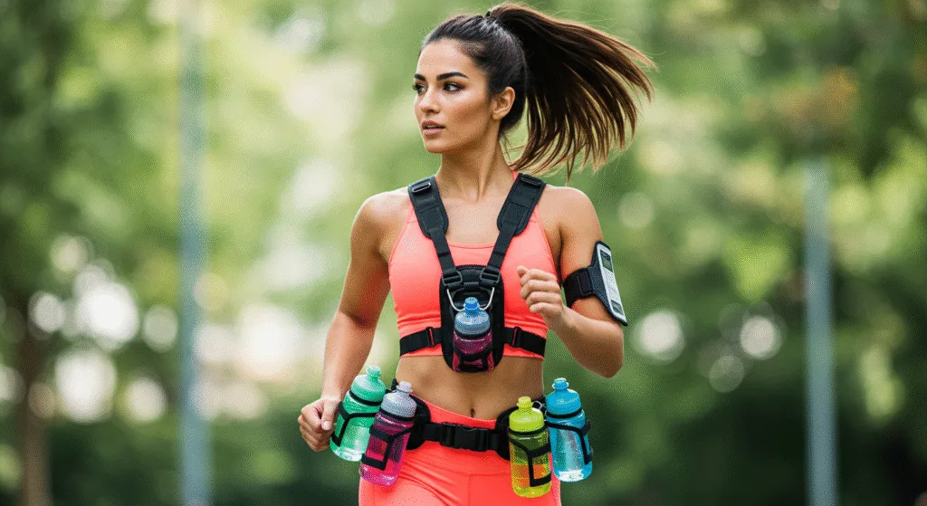 Woman with Water Bottles Hanging From Her Workout Outfit
