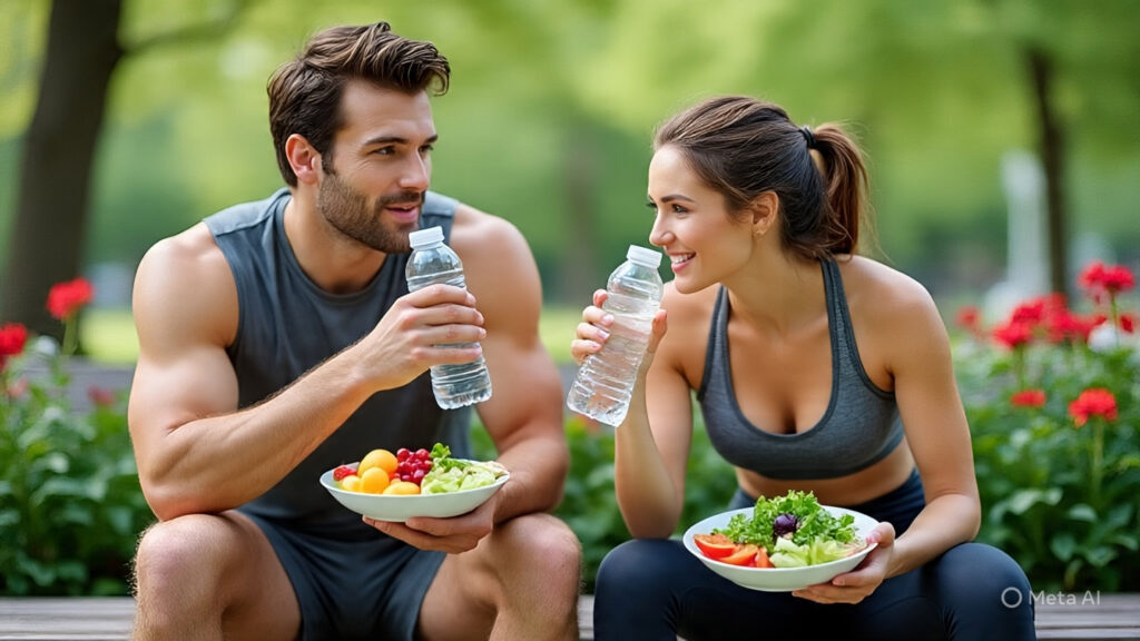 Man and a Woman in Their Exercise Outfits Drinking Water While Eating Healthy Foods