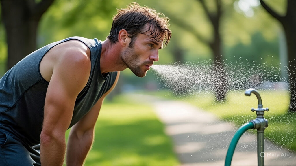 Man Drinking Water from a Hose While Exercising