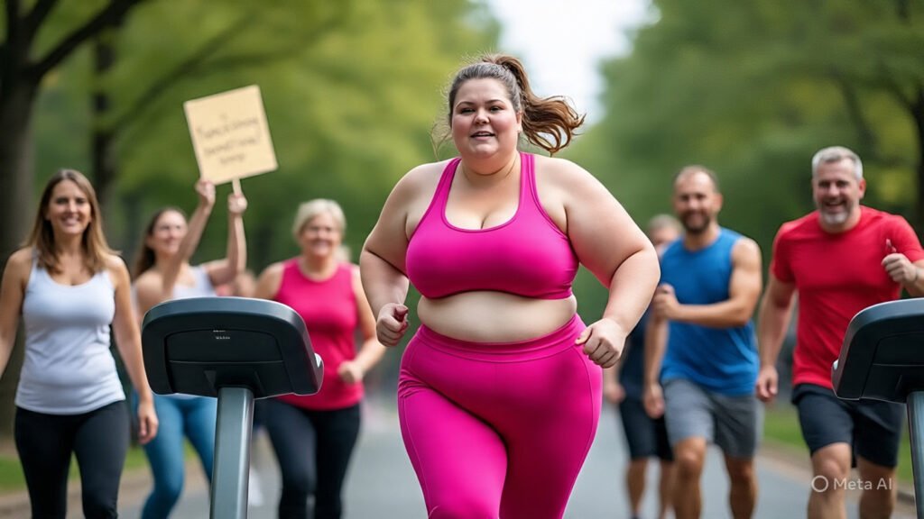 Overweight Woman Exercising and Being Cheered on by Supporters