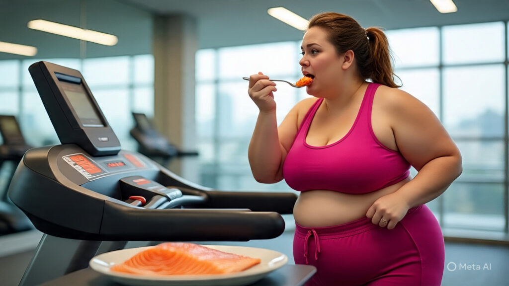 Overweight Woman Exercising While Eating a Whole Salmon