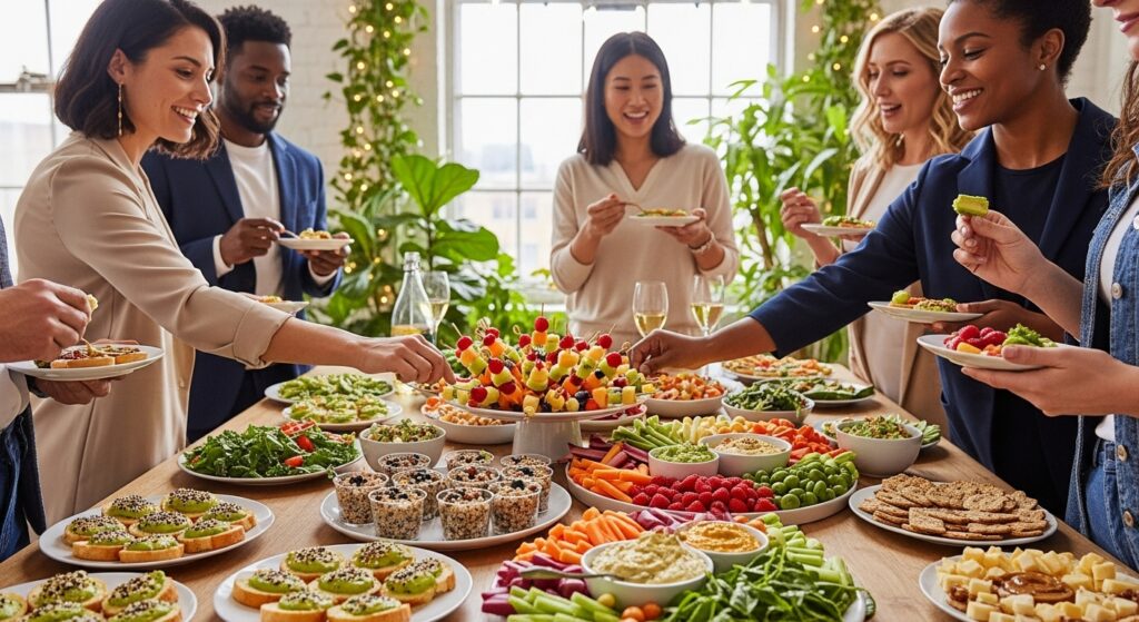 People at a Health Food Party Eating a Variety of Healthy Snacks