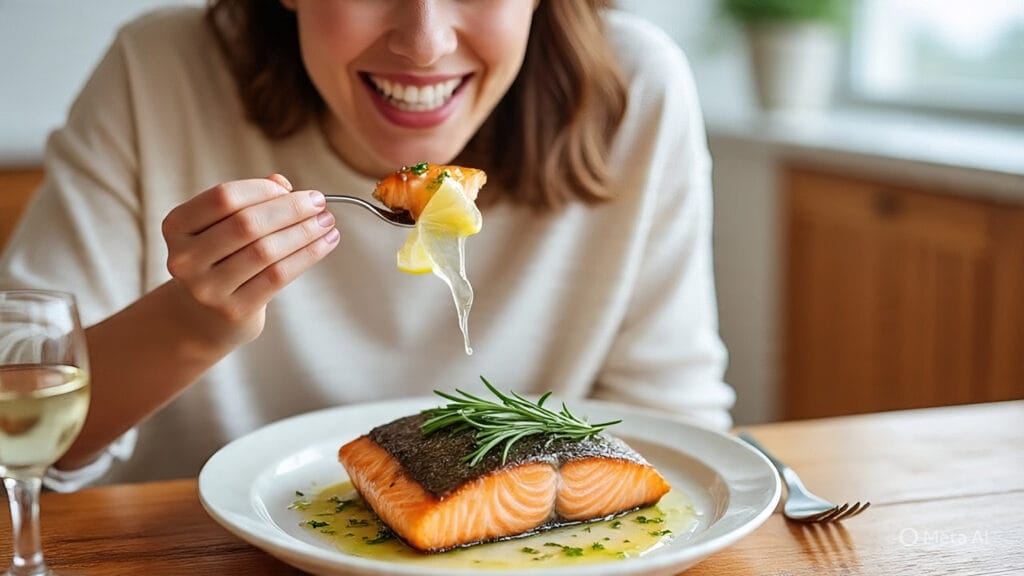 Woman eating baked salmon drizzled generously with lemon juice and sprinkled with herbs