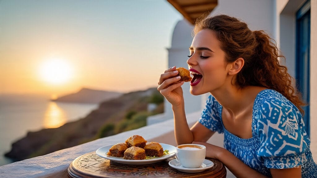 Woman Eating Baklava in Greece