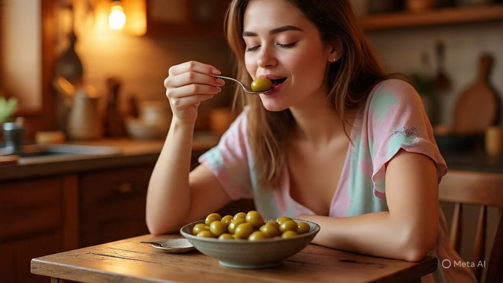 Woman Eating from a Bowl of Olives
