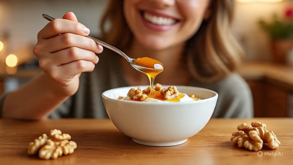 Woman Eating Greek yogurt topped with honey and walnuts